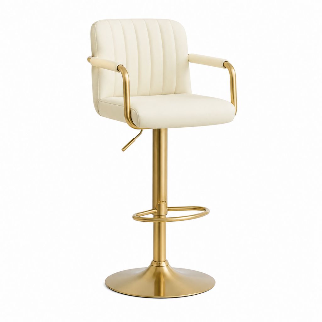 Tabouret de bar réglable crème en PU avec accoudoirs et pied doré 52 x 54 x 92-114 cm