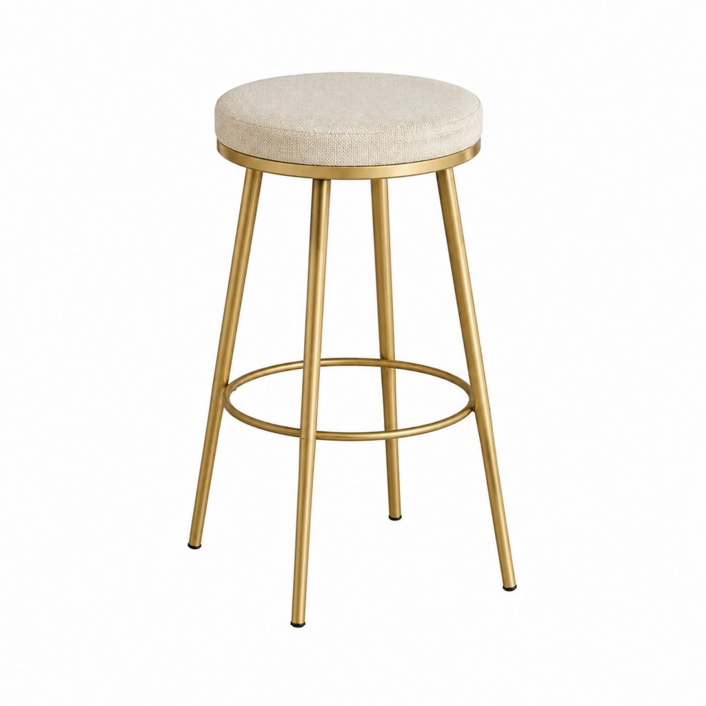 Tabouret de bar rond beige en polyester et acier doré 76 cm Ø 38 cm