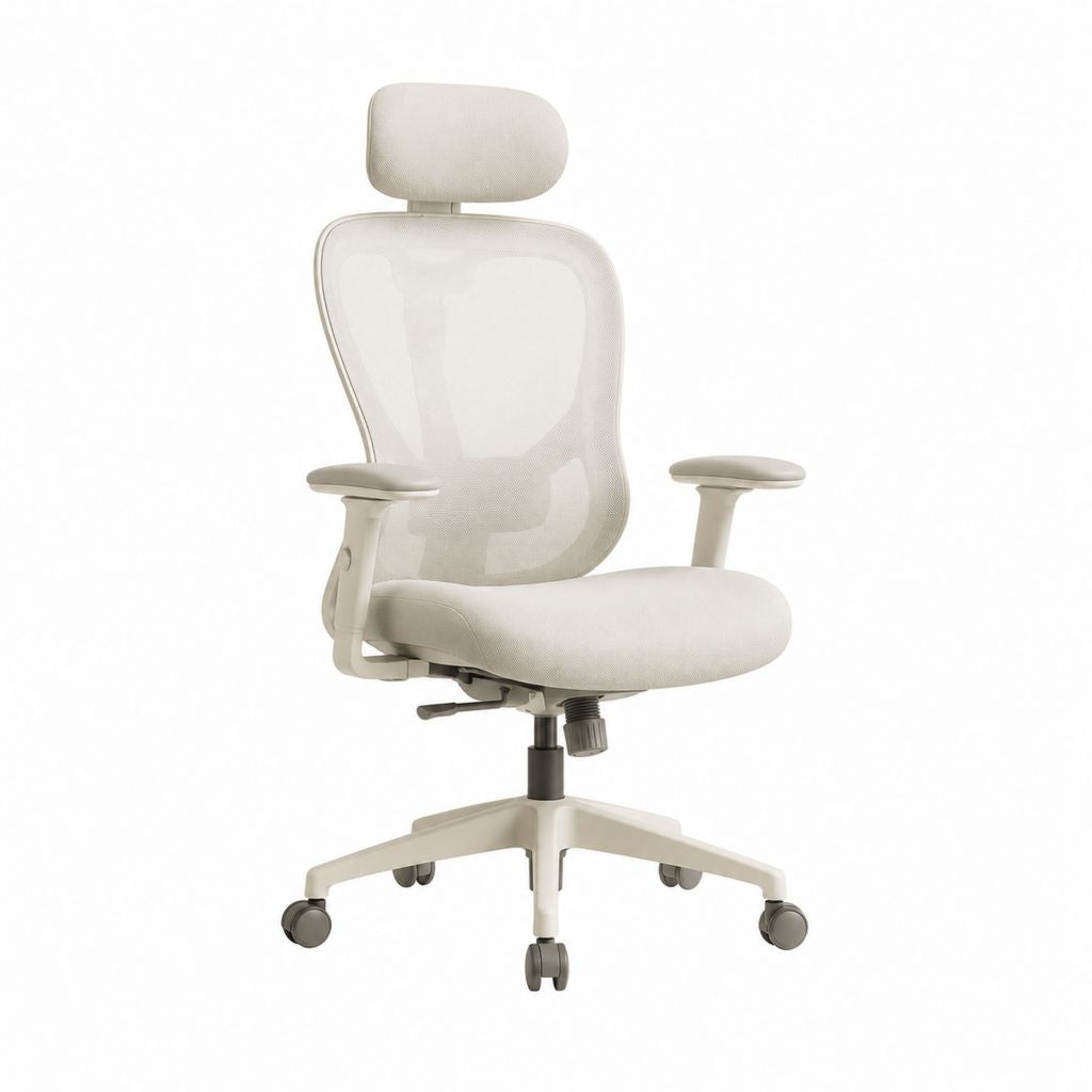 Chaise de bureau ergonomique beige en maille polyester avec appui-tête et roulettes 65 x 65 x 116-126 cm