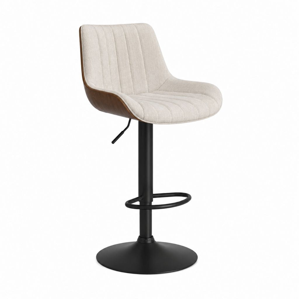 Tabouret de bar réglable pivotant beige en polyester et contreplaqué finition noyer 50 x 52 x 90-112 cm
