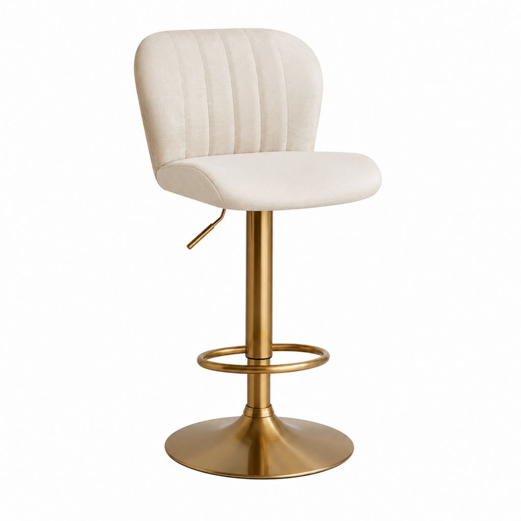 Tabouret de bar réglable pivotant beige en velours polyester avec piètement acier doré 50 x 54 x 88-108 cm