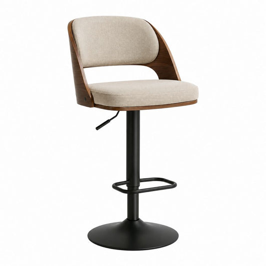 Tabouret de bar réglable beige en polyester et contreplaqué avec piètement rond noir 53 x 52 x 96-116 cm