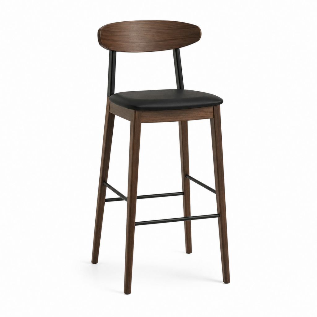 Tabouret de bar marron et noir en bois massif avec assise en PU dossier ovale 48 x 52 x 100 cm