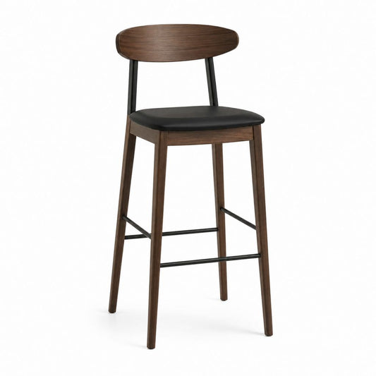 Tabouret de bar marron et noir en bois massif avec assise en PU dossier ovale 48 x 52 x 100 cm