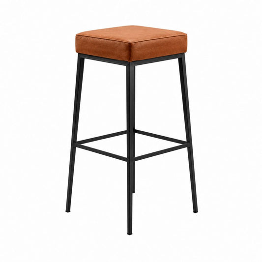 Tabouret de bar carré marron en similicuir PU et acier noir 40 x 40 x 75 cm
