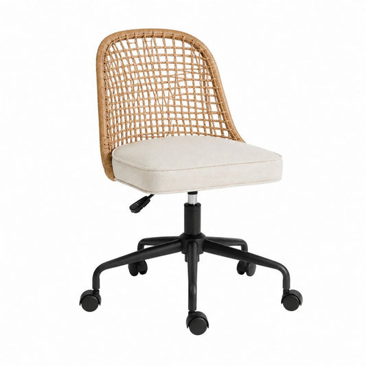 Chaise de bureau à roulettes en rotin naturel beige avec coussin en polyester 61 x 61 x 89-99 cm