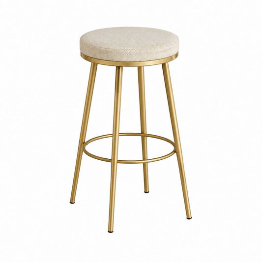 Tabouret de bar rond beige en polyester et acier doré 76 cm Ø 38 cm