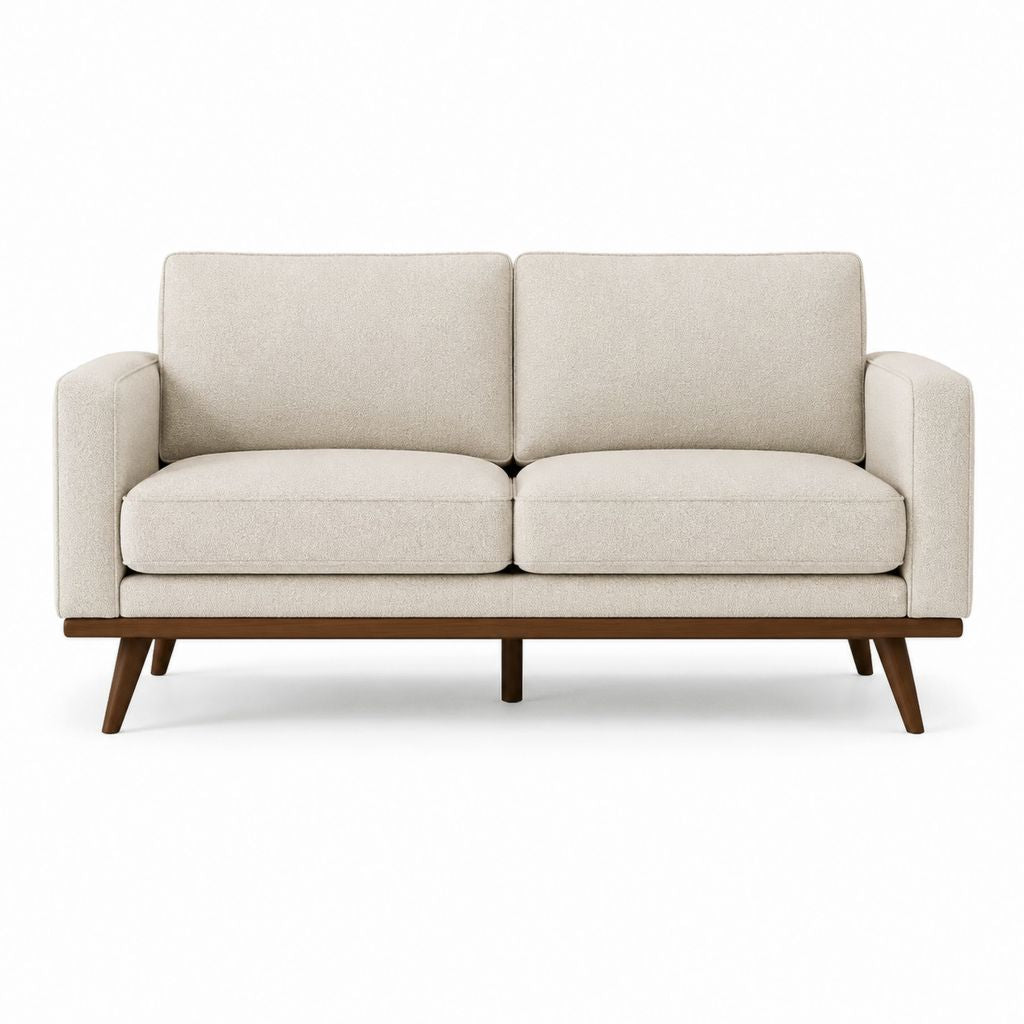 Canapé droit 2 places beige en polyester avec pieds en hévéa 140 x 80 x 82 cm