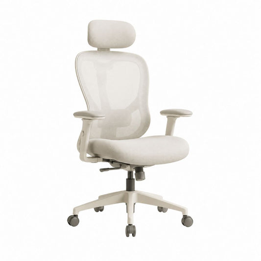 Chaise de bureau ergonomique beige en maille polyester avec appui-tête et roulettes 65 x 65 x 116-126 cm