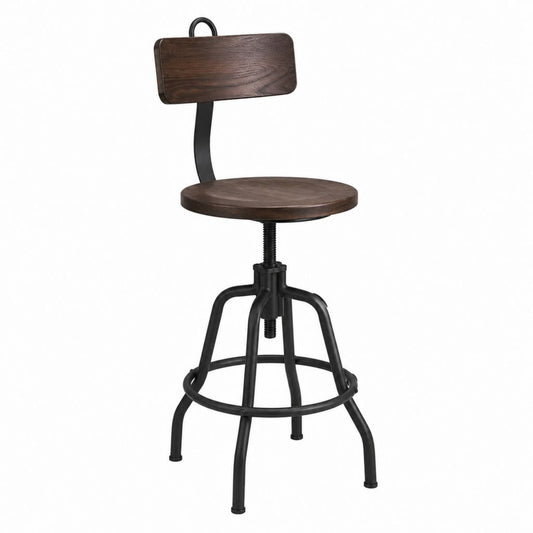 Tabouret de bar réglable marron et noir en bois massif et acier avec dossier 42 x 42 x 93-113 cm